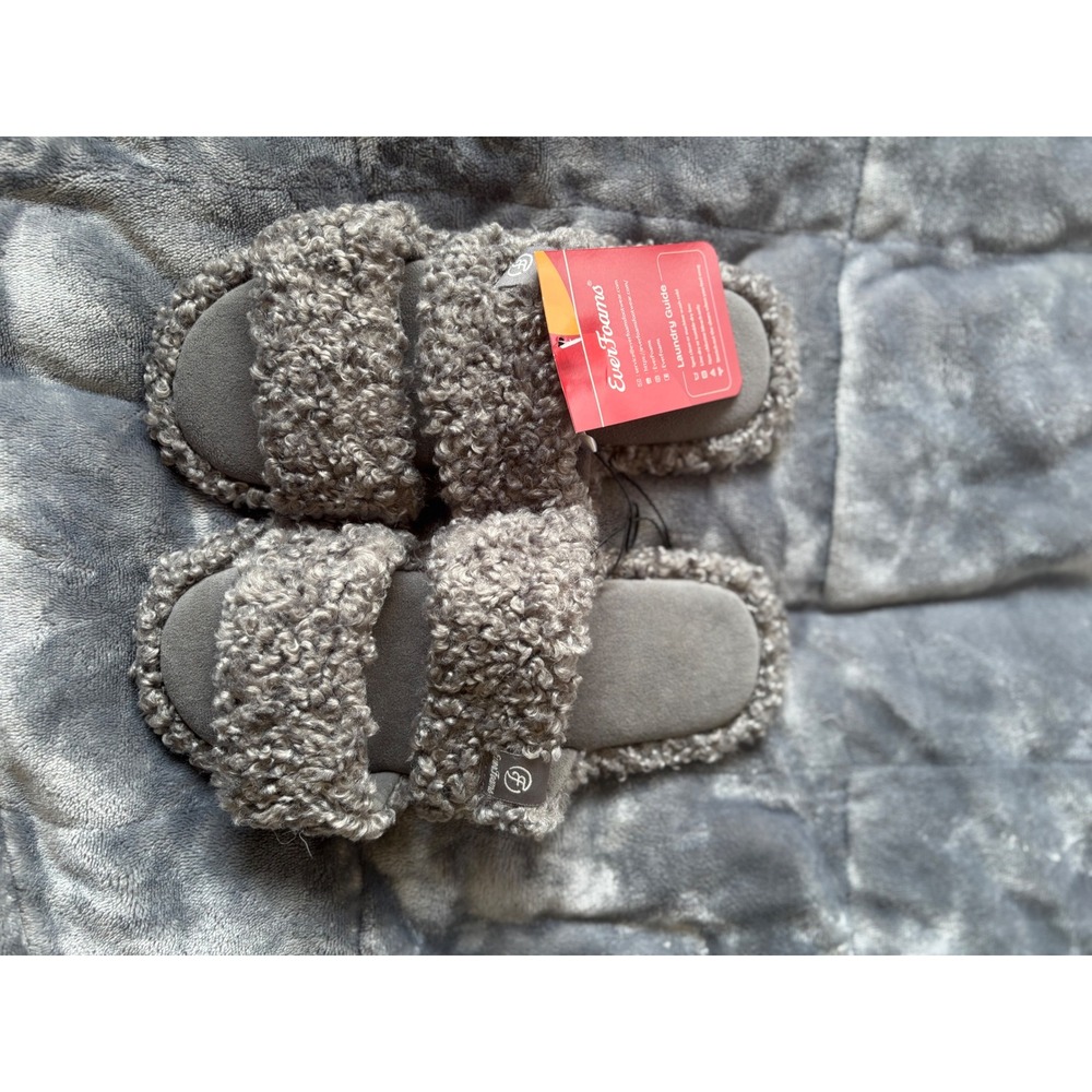 EverFoams Womens Faux Sherpa Slide Slippers Grey Medium 7-8 Cozy Indoor Shoes